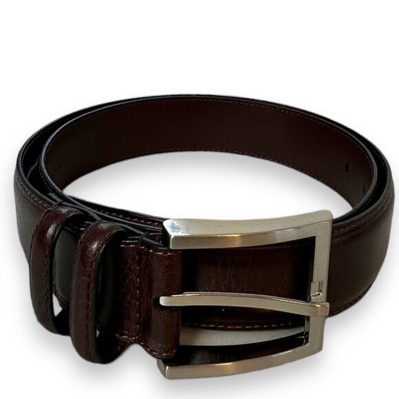 Jos A Bank Leather Belt Size 34 Dress Dark Brown Silver Buckle Career Business - Picture 7 of 12
